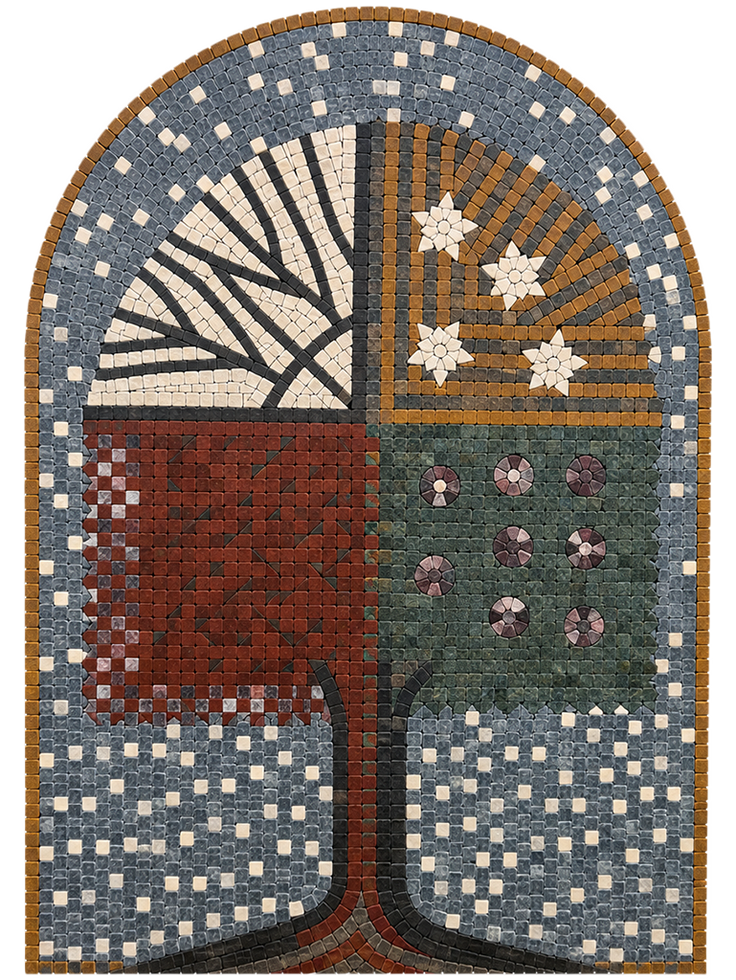 Full view arched stone mosaic wall art with tree trunk, blue dots border, and flower accents