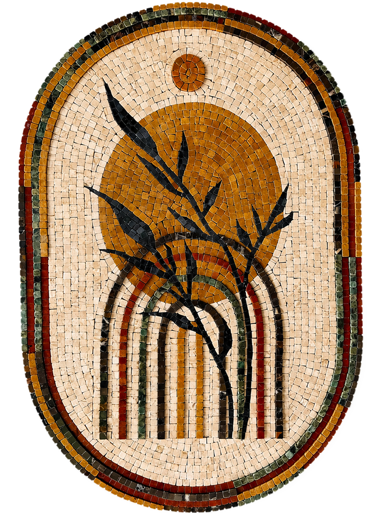 Arched handmade stone mosaic wall art featuring gold reed stems, dark leaves, and striped bands