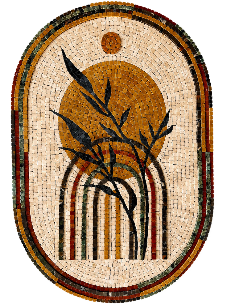 Arched handmade stone mosaic wall art featuring gold reed stems, dark leaves, and striped bands