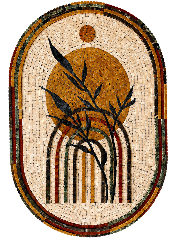 Arched handmade stone mosaic wall art featuring gold reed stems, dark leaves, and striped bands