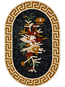 Oval floral mosaic wall hanging with Greek key frame and central bird-and-flower design.