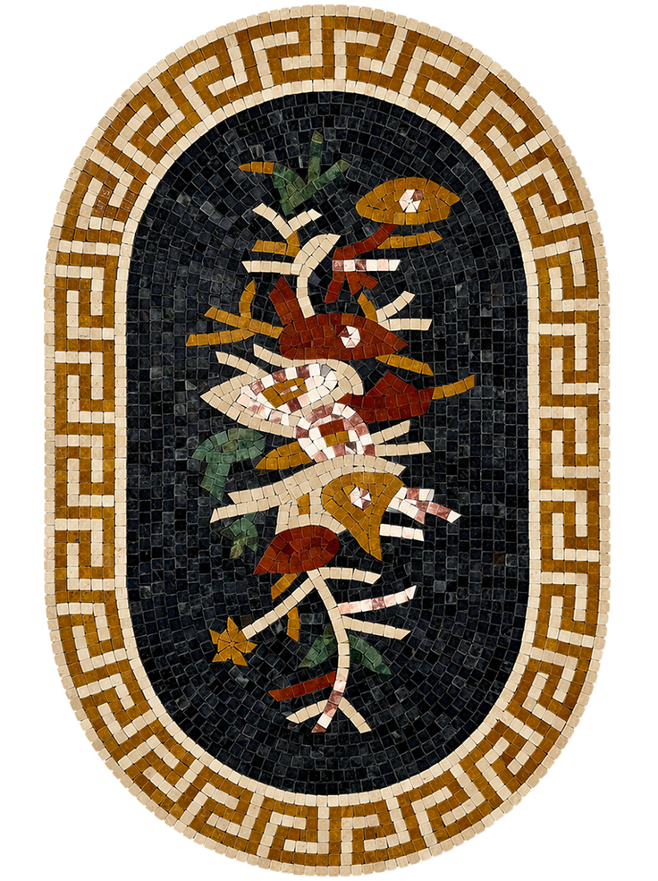 Oval floral mosaic wall hanging with Greek key frame and central bird-and-flower design.