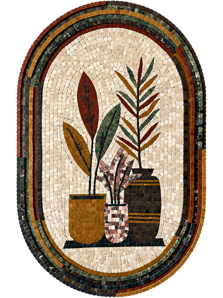 Oval stone mosaic wall art depicting potted plants and vases with multicolor trim