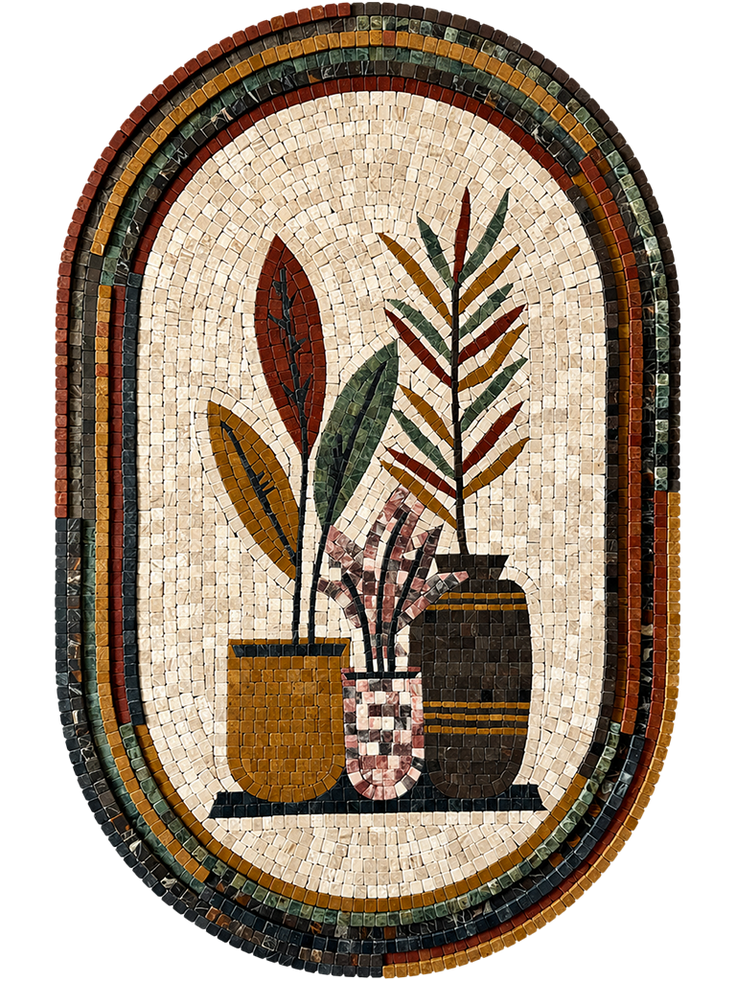 Oval stone mosaic wall art depicting potted plants and vases with multicolor trim