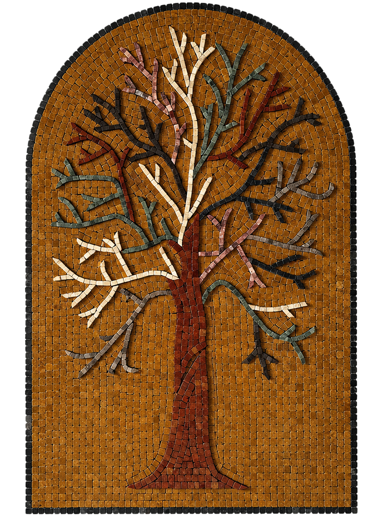 Front view of arched tree of life glass mosaic panel with warm amber and teal accents