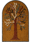 Front view of arched tree of life glass mosaic panel with warm amber and teal accents