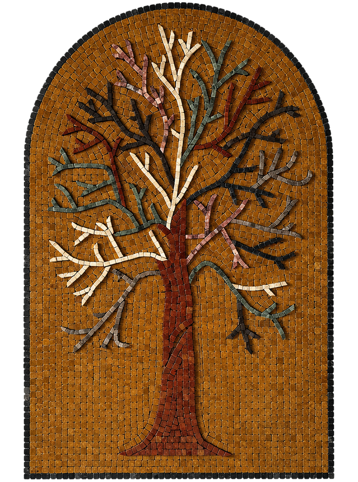 Front view of arched tree of life glass mosaic panel with warm amber and teal accents