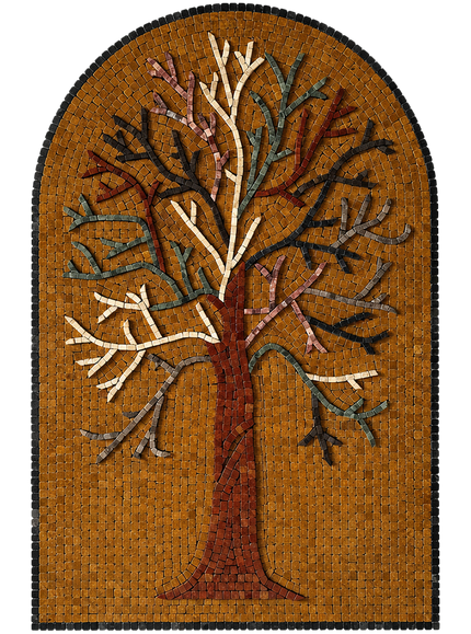 Front view of arched tree of life glass mosaic panel with warm amber and teal accents