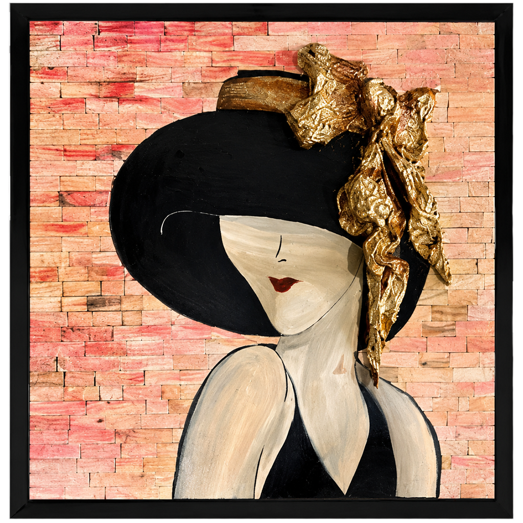 Close-up framed mosaic portrait of a woman in a gold hat and black cap on pink brick wall