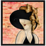 Close-up framed mosaic portrait of a woman in a gold hat and black cap on pink brick wall
