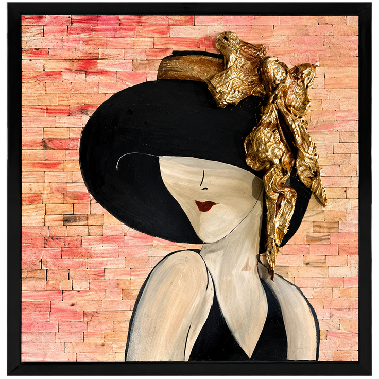 Close-up framed mosaic portrait of a woman in a gold hat and black cap on pink brick wall