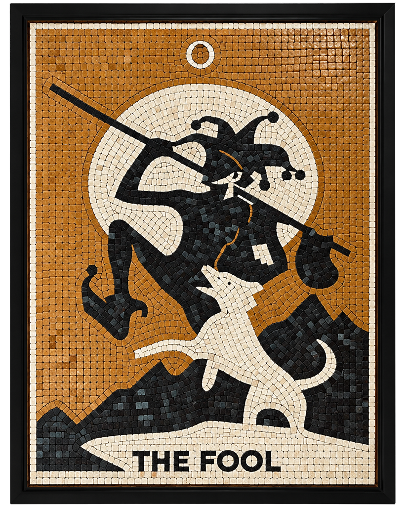 Square framed amber mosaic wall art panel with a tarot figure silhouette and “THE FOOL” text.