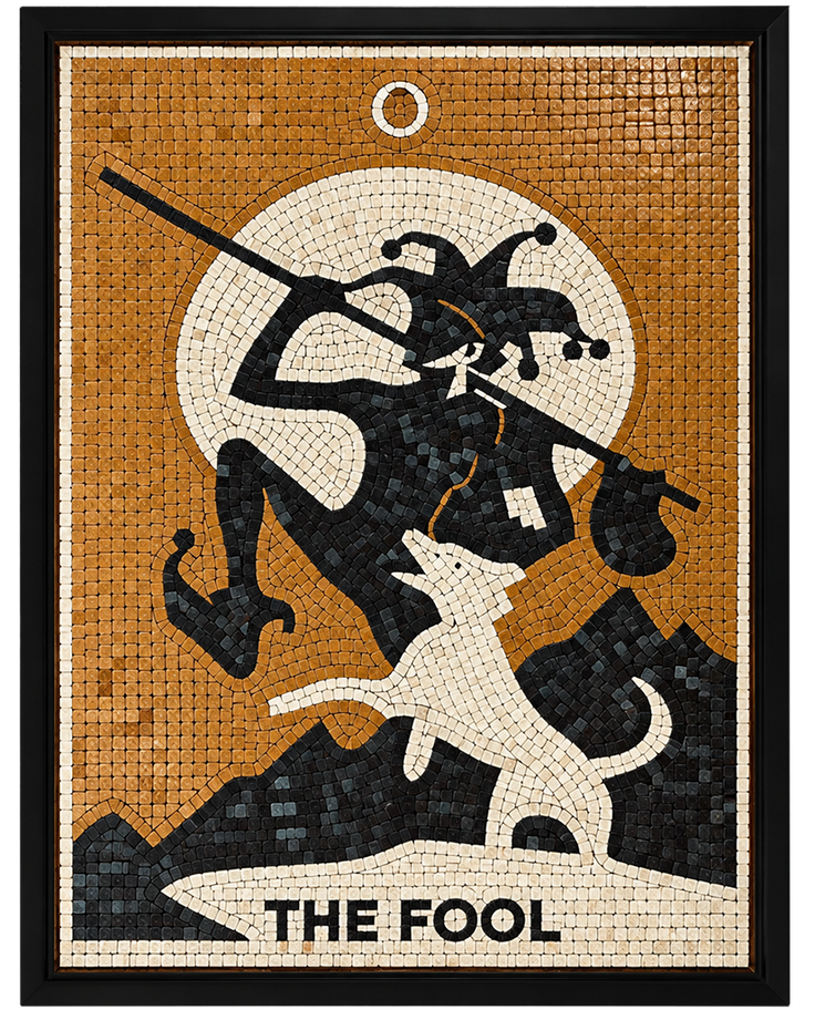 Square framed amber mosaic wall art panel with a tarot figure silhouette and “THE FOOL” text.
