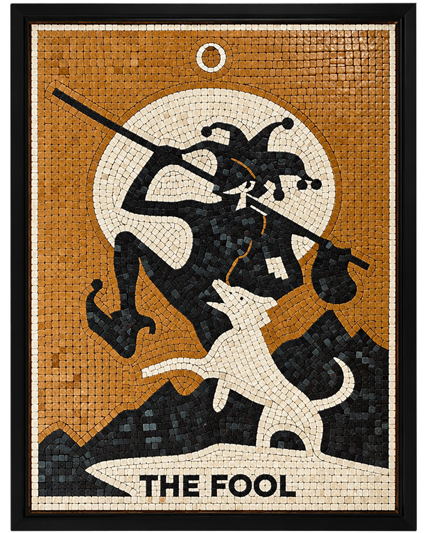 Square framed amber mosaic wall art panel with a tarot figure silhouette and “THE FOOL” text.