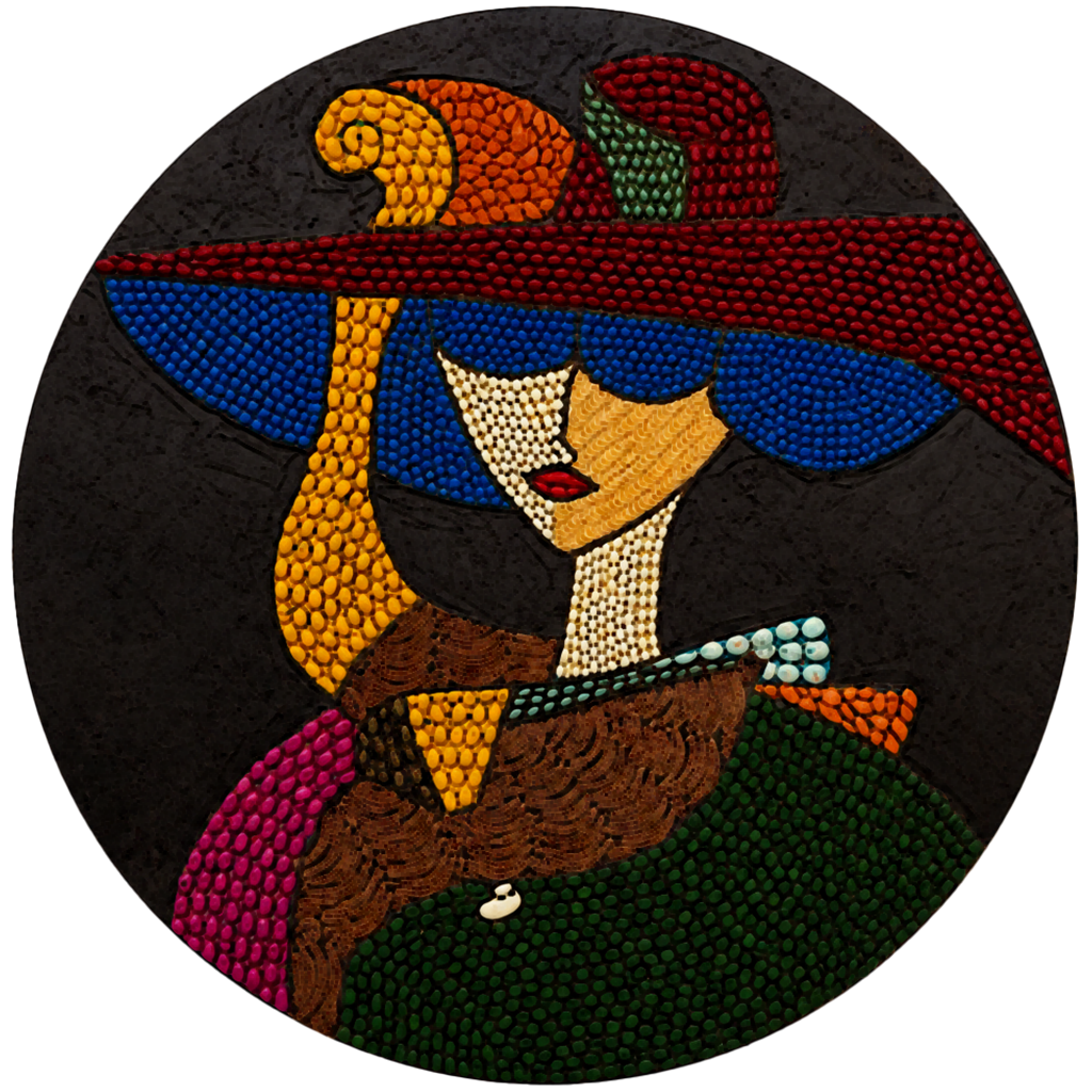 Round mosaic glass portrait: woman in blue and red outfit with yellow hat, on black