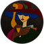 Round mosaic glass portrait: woman in blue and red outfit with yellow hat, on black