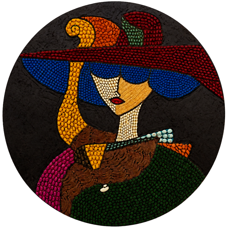 Round mosaic glass portrait: woman in blue and red outfit with yellow hat, on black