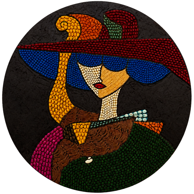 Round mosaic glass portrait: woman in blue and red outfit with yellow hat, on black