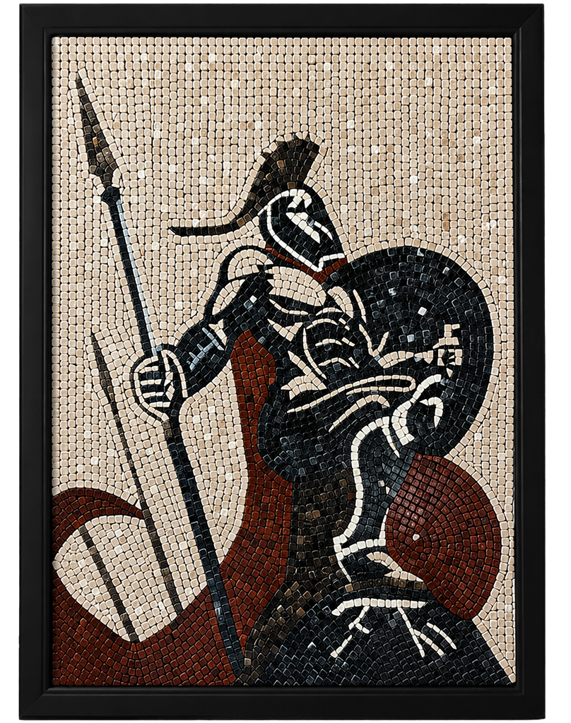 Framed mosaic Spartan warrior panel with spear, shield, and helmet in black-red-white tiles