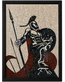 Framed mosaic Spartan warrior panel with spear, shield, and helmet in black-red-white tiles