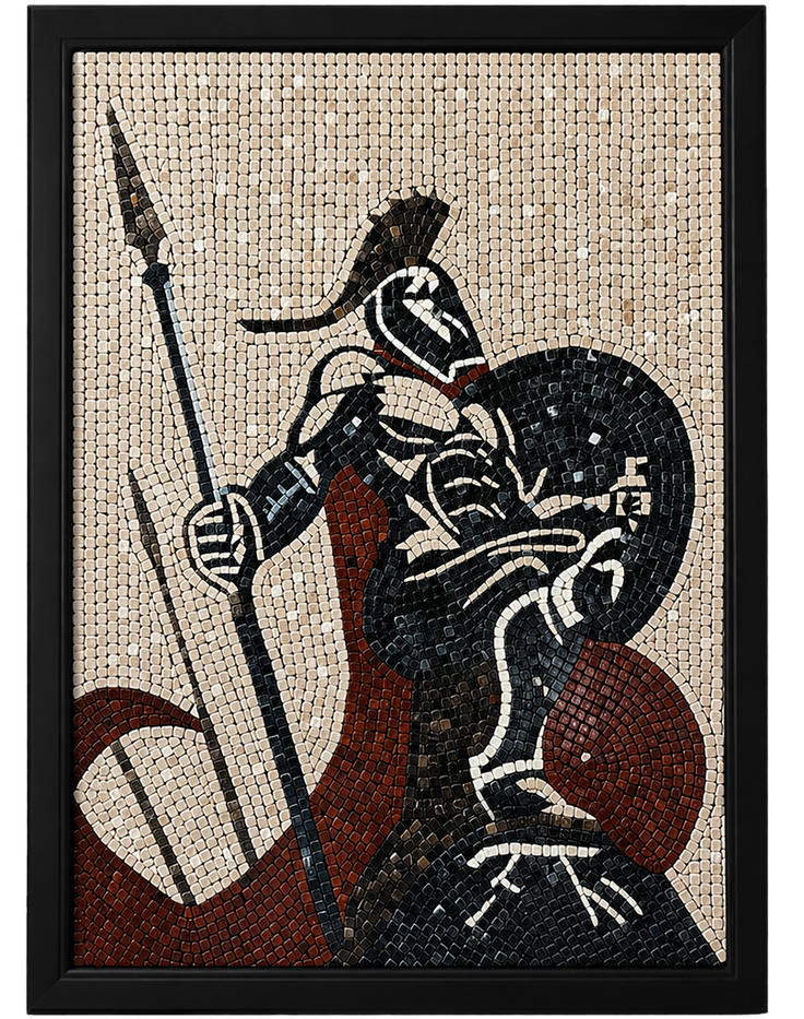Framed mosaic Spartan warrior panel with spear, shield, and helmet in black-red-white tiles