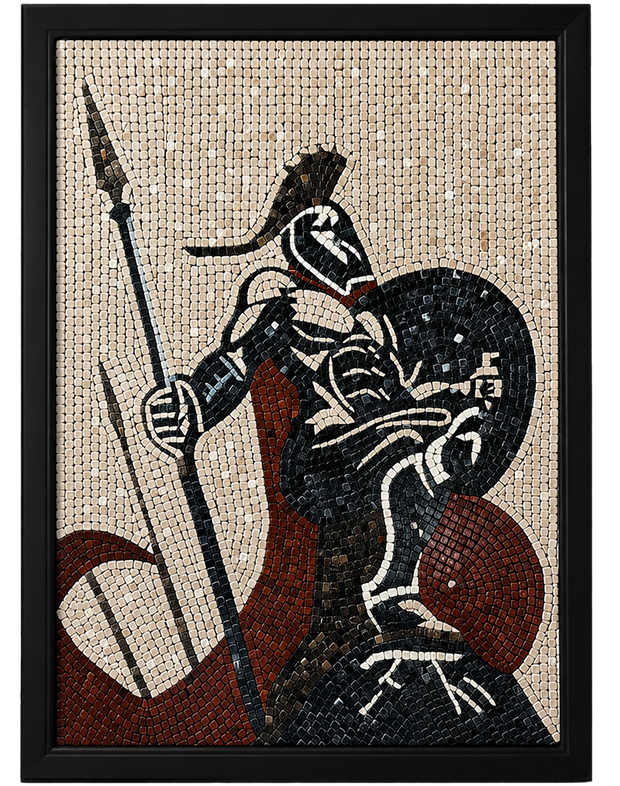 Framed mosaic Spartan warrior panel with spear, shield, and helmet in black-red-white tiles