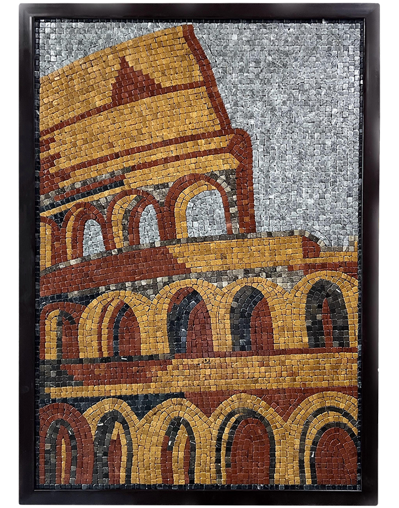 Framed mosaic panel with tall tiled wall, stacked arches, and gold, orange, red, gray