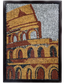 Framed mosaic panel with tall tiled wall, stacked arches, and gold, orange, red, gray