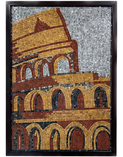Framed mosaic panel with tall tiled wall, stacked arches, and gold, orange, red, gray