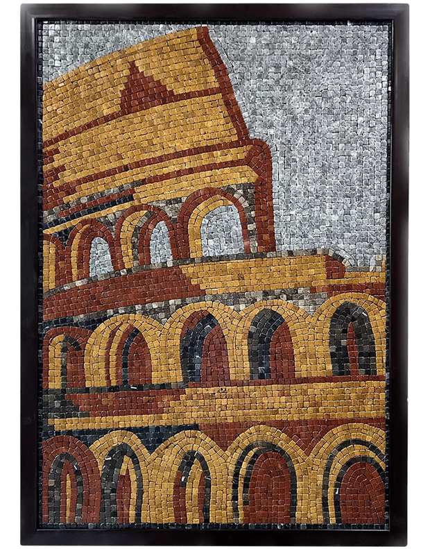 Framed mosaic panel with tall tiled wall, stacked arches, and gold, orange, red, gray