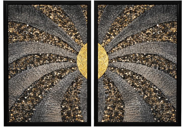 Two framed mosaic panels, tight view of gold-striped arcs over gray and black speckled tiles