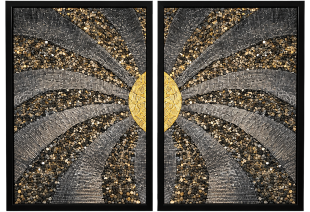 Two framed mosaic panels, tight view of gold-striped arcs over gray and black speckled tiles