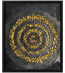Square framed spiral mandala mosaic with gold and white beadwork on dark canvas.