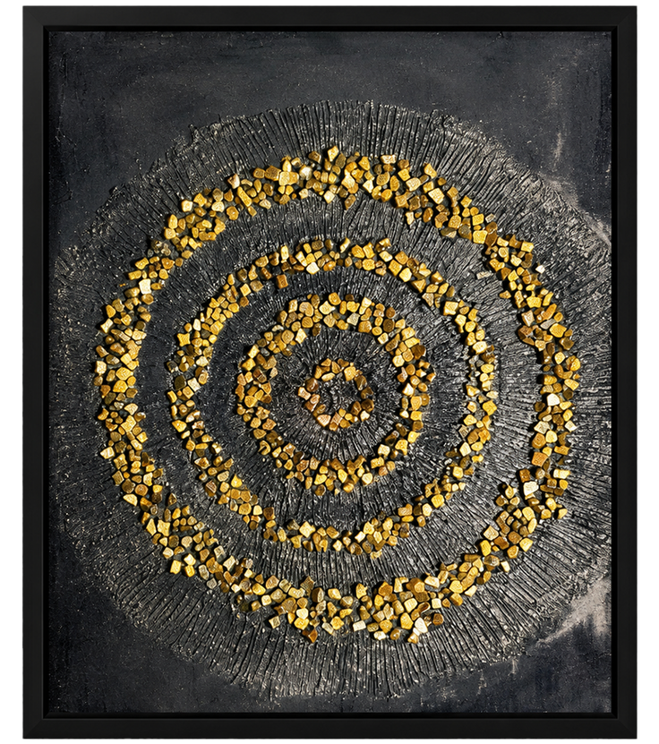 Square framed spiral mandala mosaic with gold and white beadwork on dark canvas.
