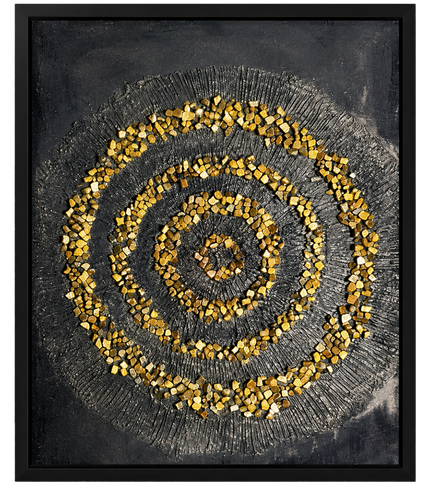 Square framed spiral mandala mosaic with gold and white beadwork on dark canvas.