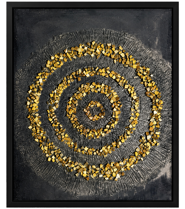 Square framed spiral mandala mosaic with gold and white beadwork on dark canvas.