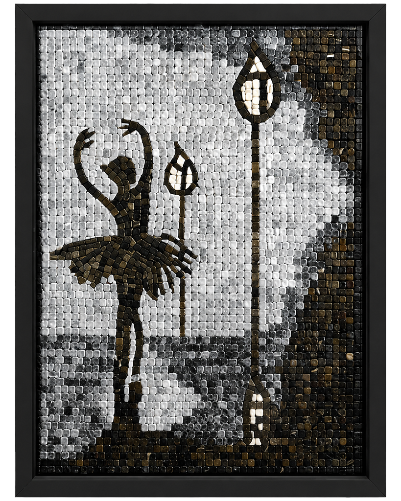 Framed monochrome glass mosaic artwork of a ballerina under a hanging lamp
