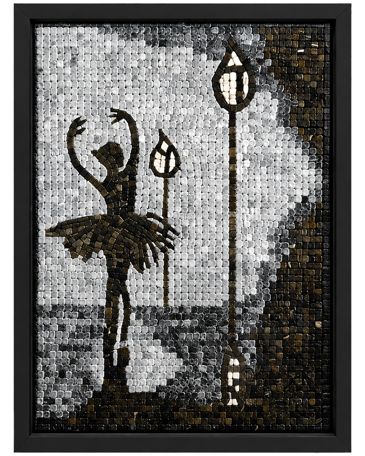Framed monochrome glass mosaic artwork of a ballerina under a hanging lamp