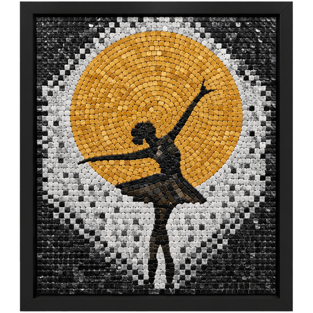 Golden sun and dancer silhouette mosaic wall art in a black frame