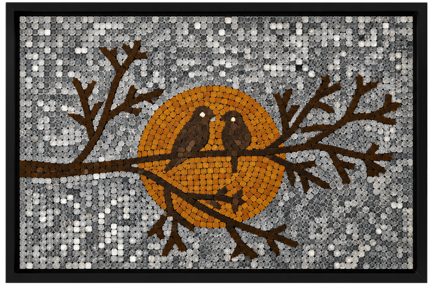 Framed mosaic glass panel featuring orange bird on branches over gray speckled background