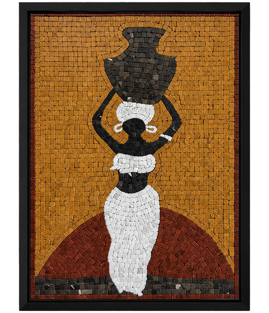 Framed mosaic wall panel of water bearer figure with jug, yellow, white, and black tiles