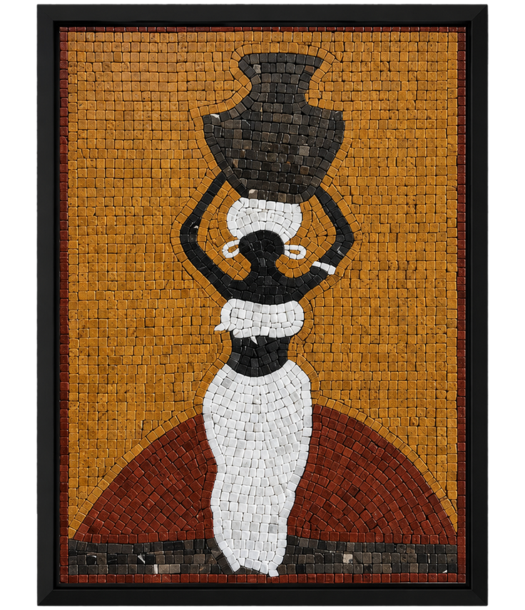 Framed mosaic wall panel of water bearer figure with jug, yellow, white, and black tiles