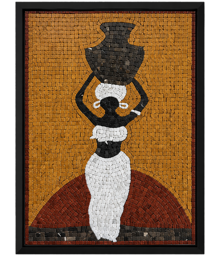 Framed mosaic wall panel of water bearer figure with jug, yellow, white, and black tiles