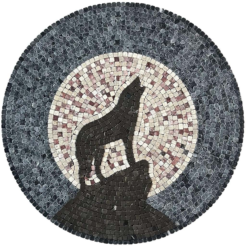 Round wolf howling moon mosaic wall art with detailed gray, black, and white tiles