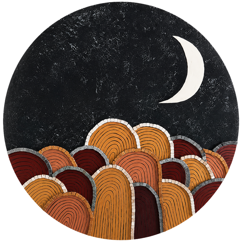 Round mosaic art disc with crescent moon and layered orange, red, and gray arch pattern