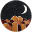 Round mosaic art disc with crescent moon and layered orange, red, and gray arch pattern