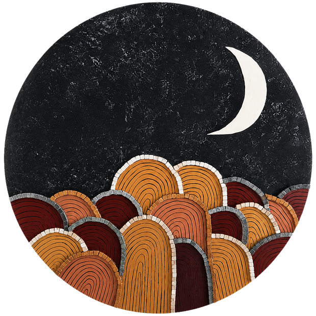 Round mosaic art disc with crescent moon and layered orange, red, and gray arch pattern