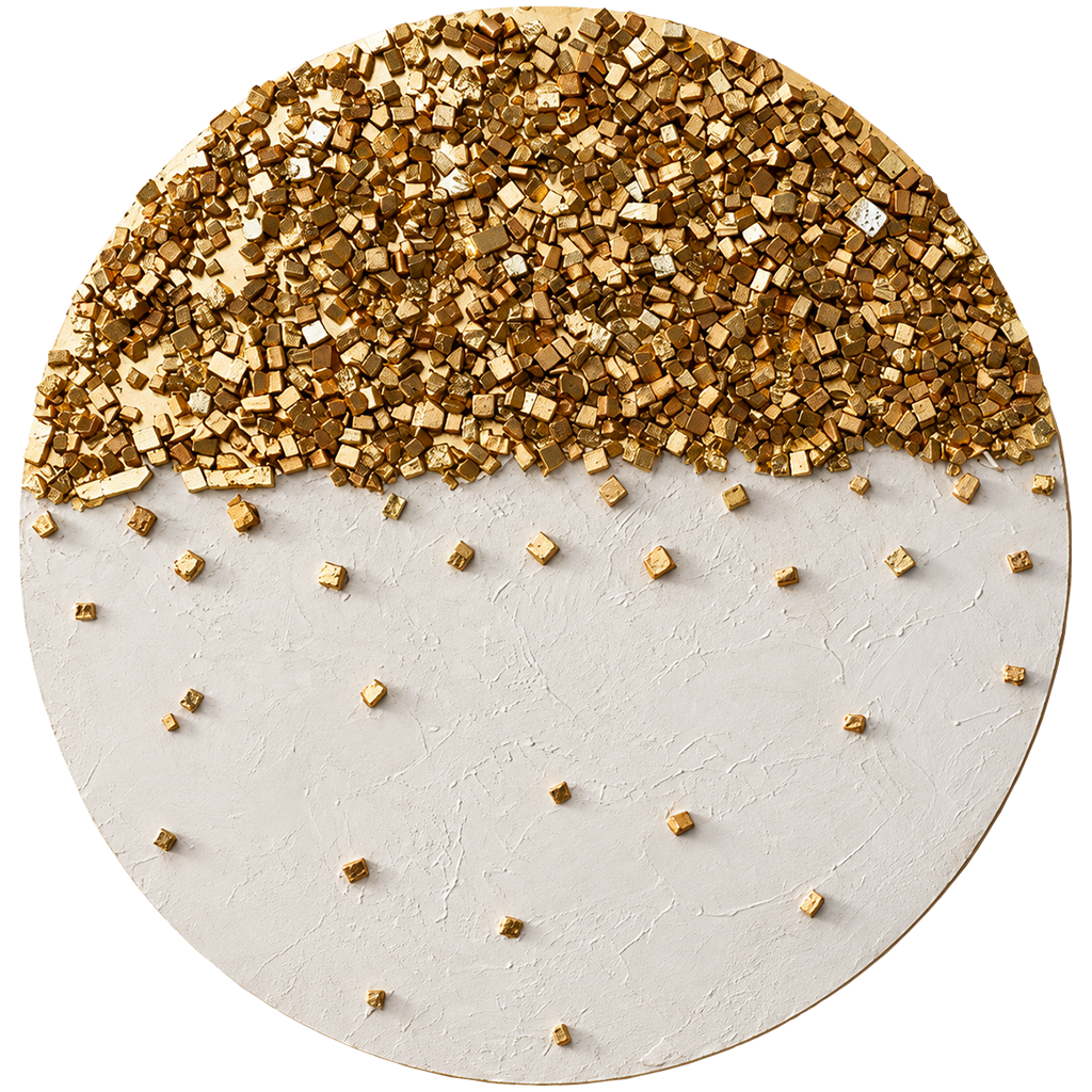 Round gold stone mosaic wall art featuring a gold tile top and scattered gold tile dots.
