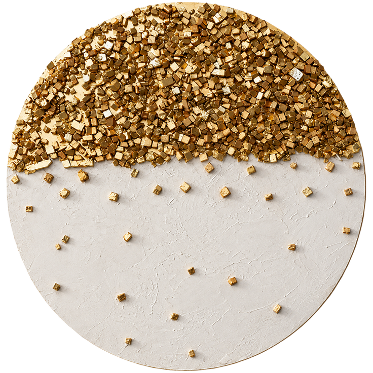 Round gold stone mosaic wall art featuring a gold tile top and scattered gold tile dots.
