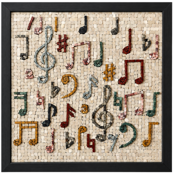 Framed handmade stone mosaic wall art with large treble clef and music notes